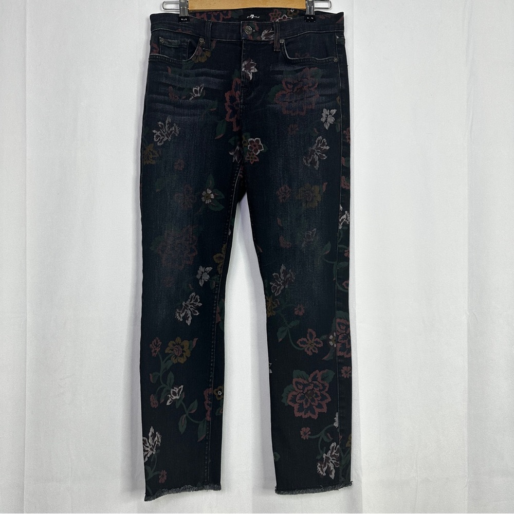 7 For All Mankind Floral Skinny Jeans Womens Roxanne Black 30 Denim Raw Hem